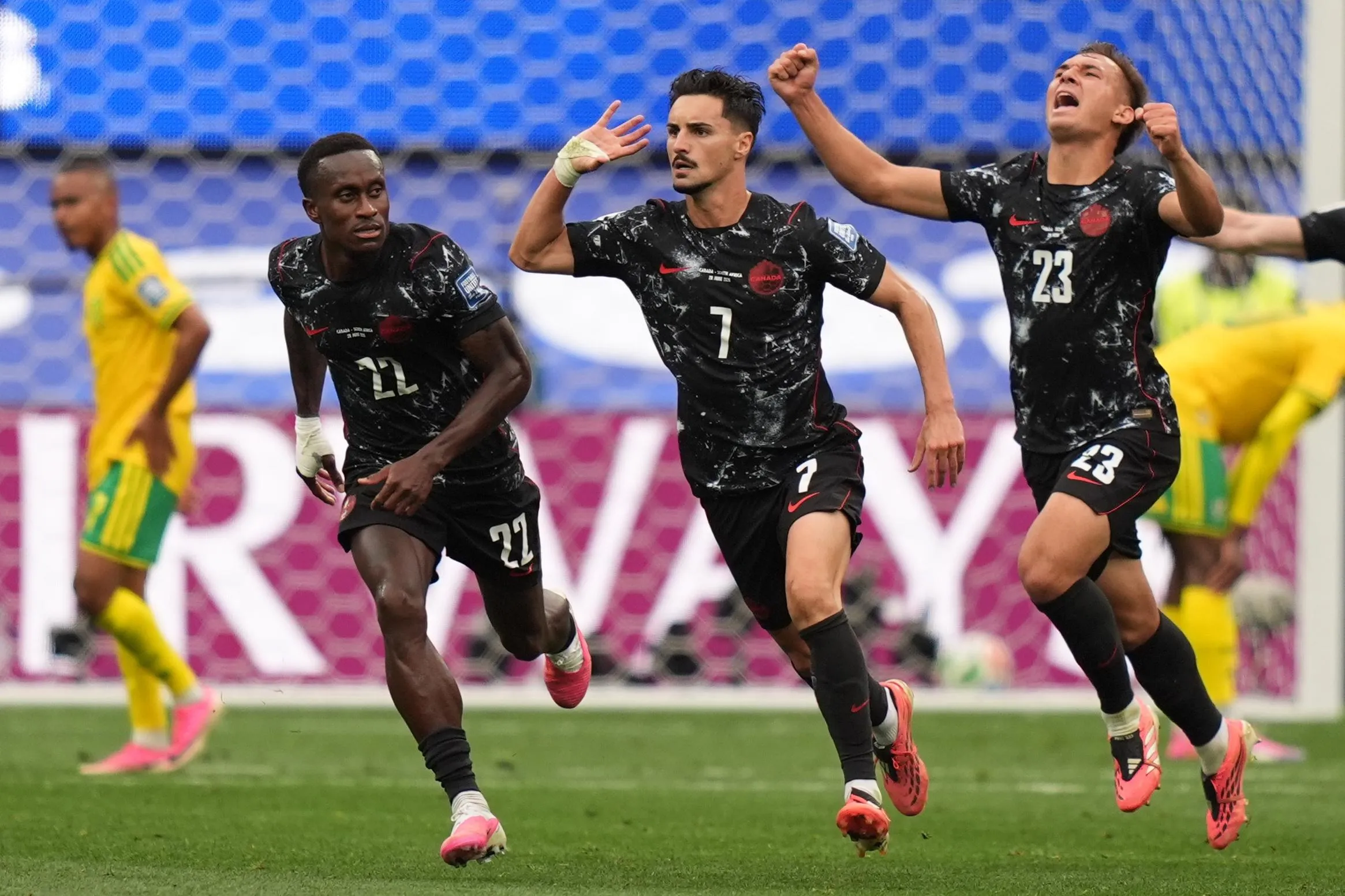 Stephen Eustaquio celebrates after scoring the winner v South Africa