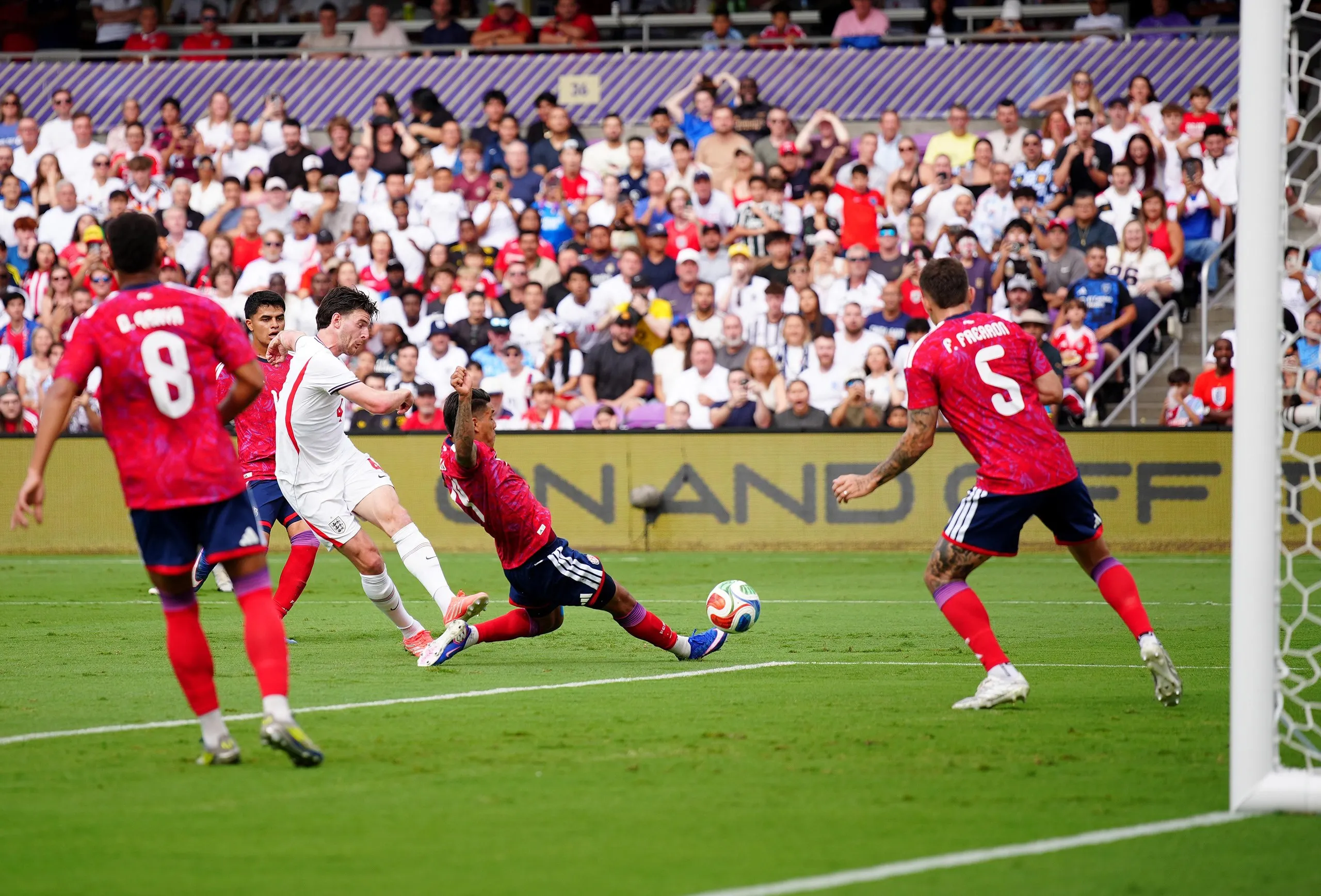 Declan Rice (third left) scores for England in the friendly win against Costa Rica