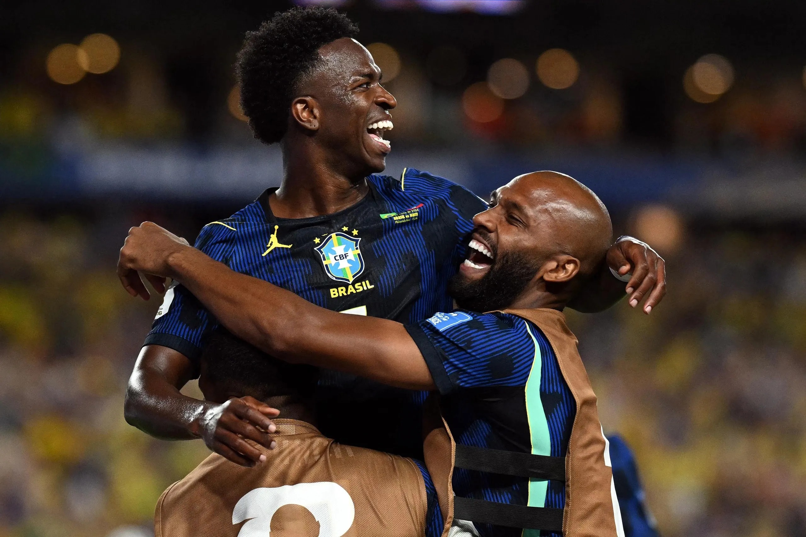 Vinícius Júnior (left) takes the plaudits after scoring Brazil’s third