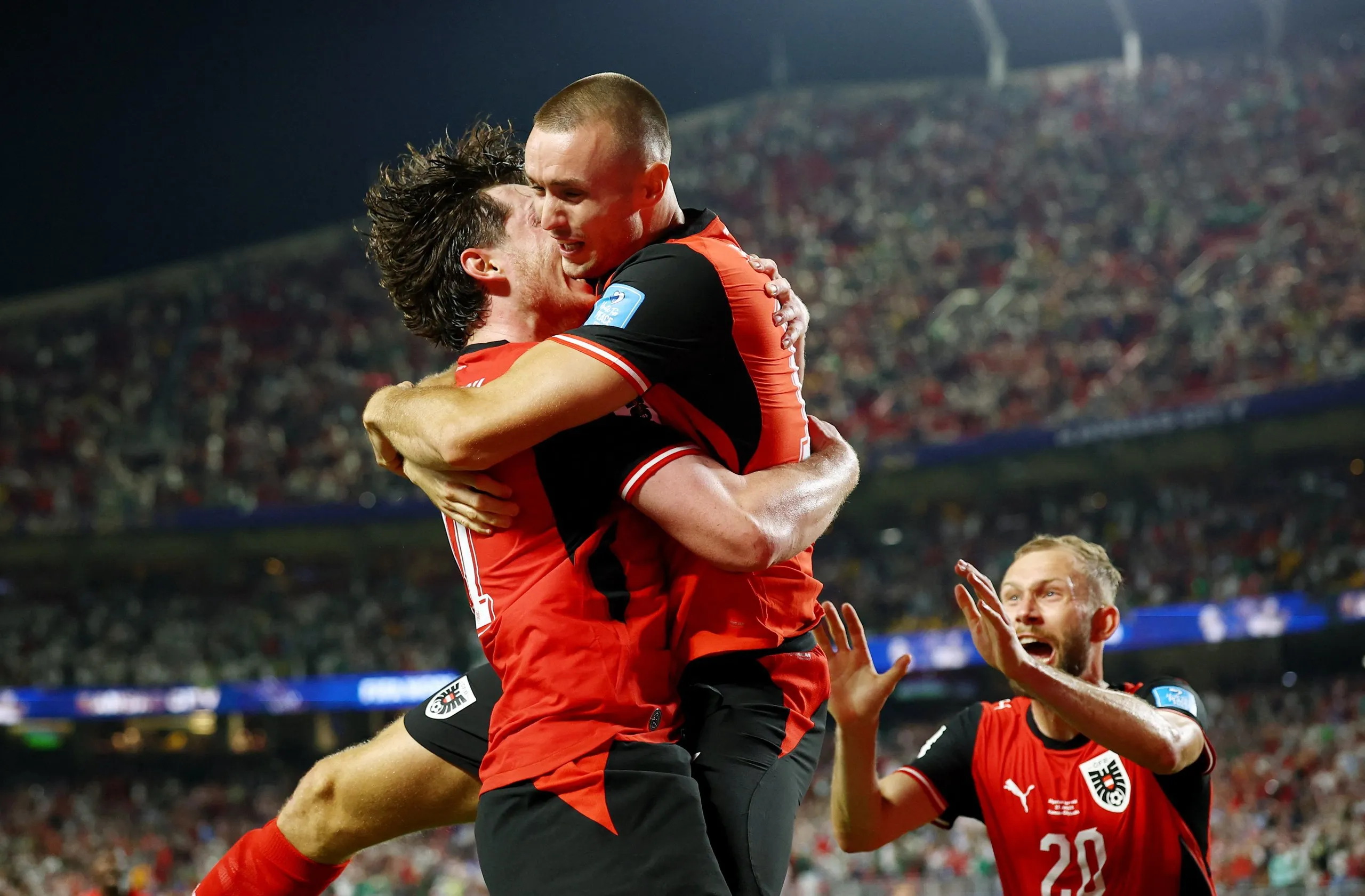 Sasa Kalajdzic celebrates scoring their third goal with Michael Gregoritsch