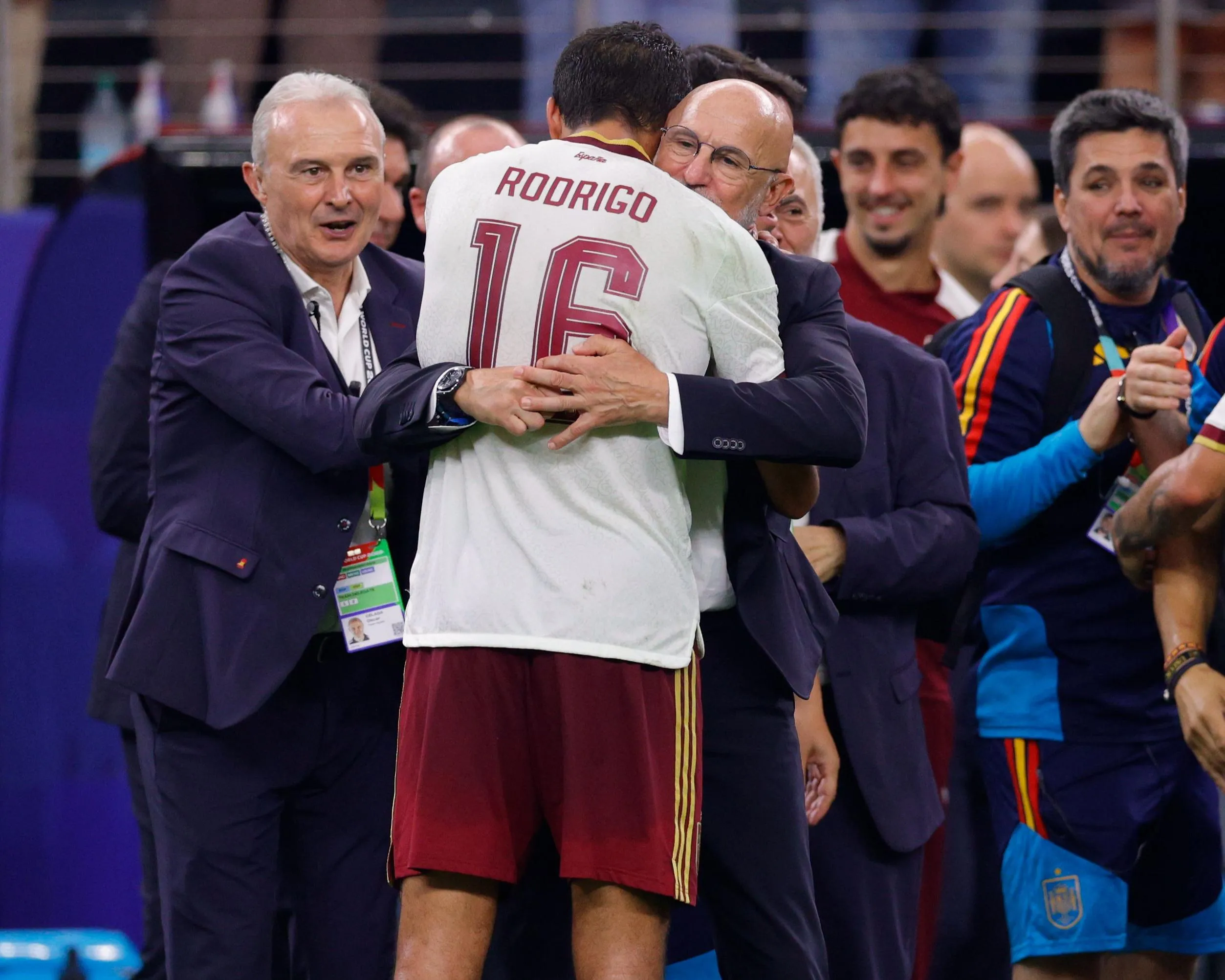 The Spain captain Rodri and head coach Luis de la Fuente embrace after their World Cup 2026 semi-final win against France in Dallas.