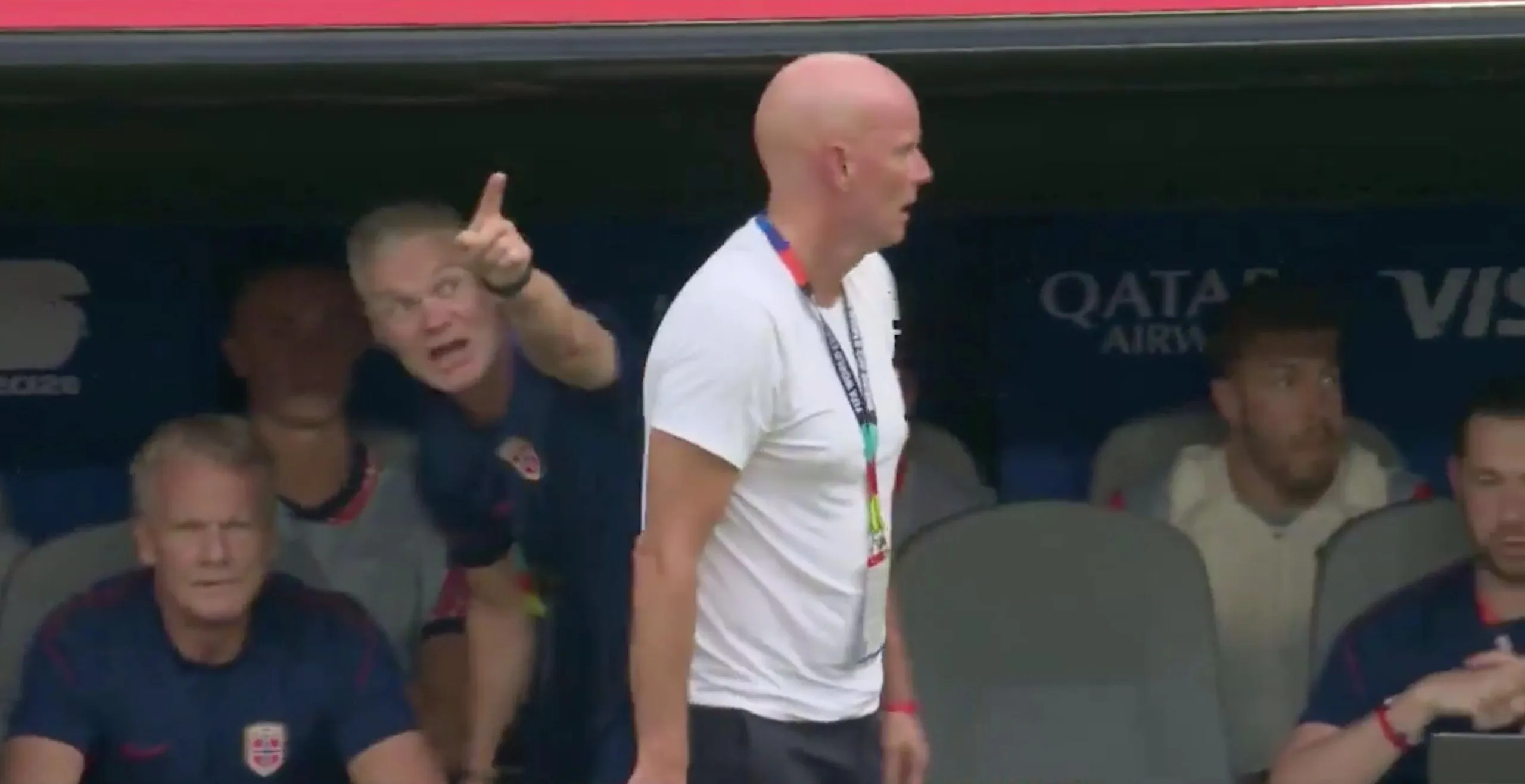 Norway’s coaching staff are clearly not happy with the nature of Bellingham’s goal.
