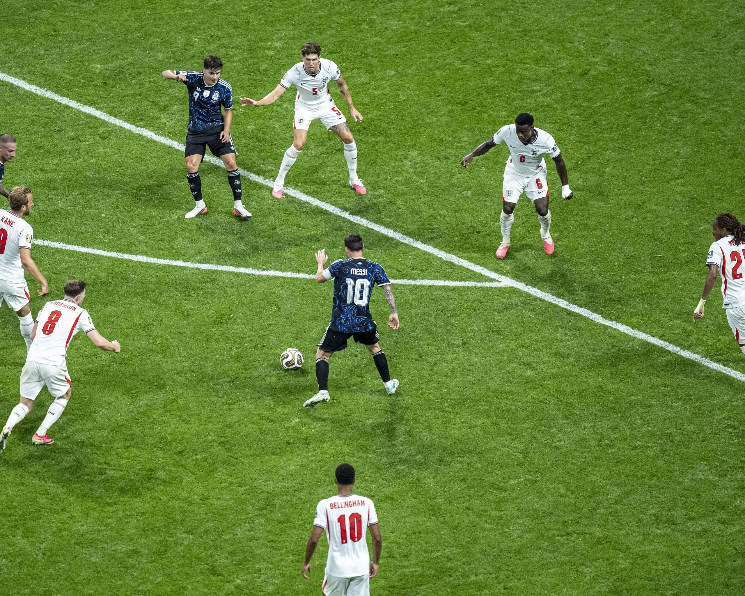 Six England defenders attempt to put pressure on the Argentina captain Lionel Messi during their 2026 World Cup semi-final.