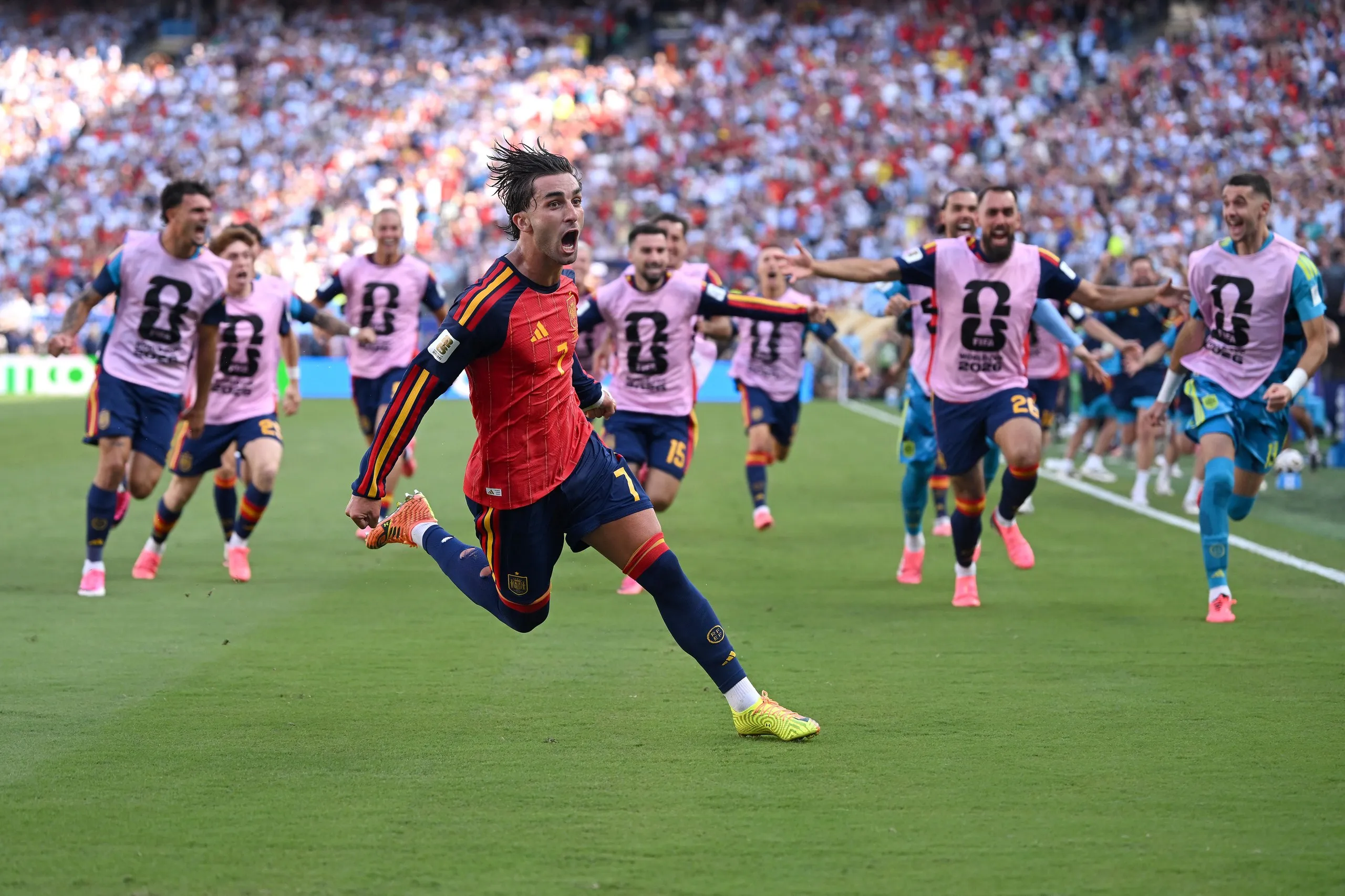 Ferran Torres celebrates scoring the only goal of the World Cup final