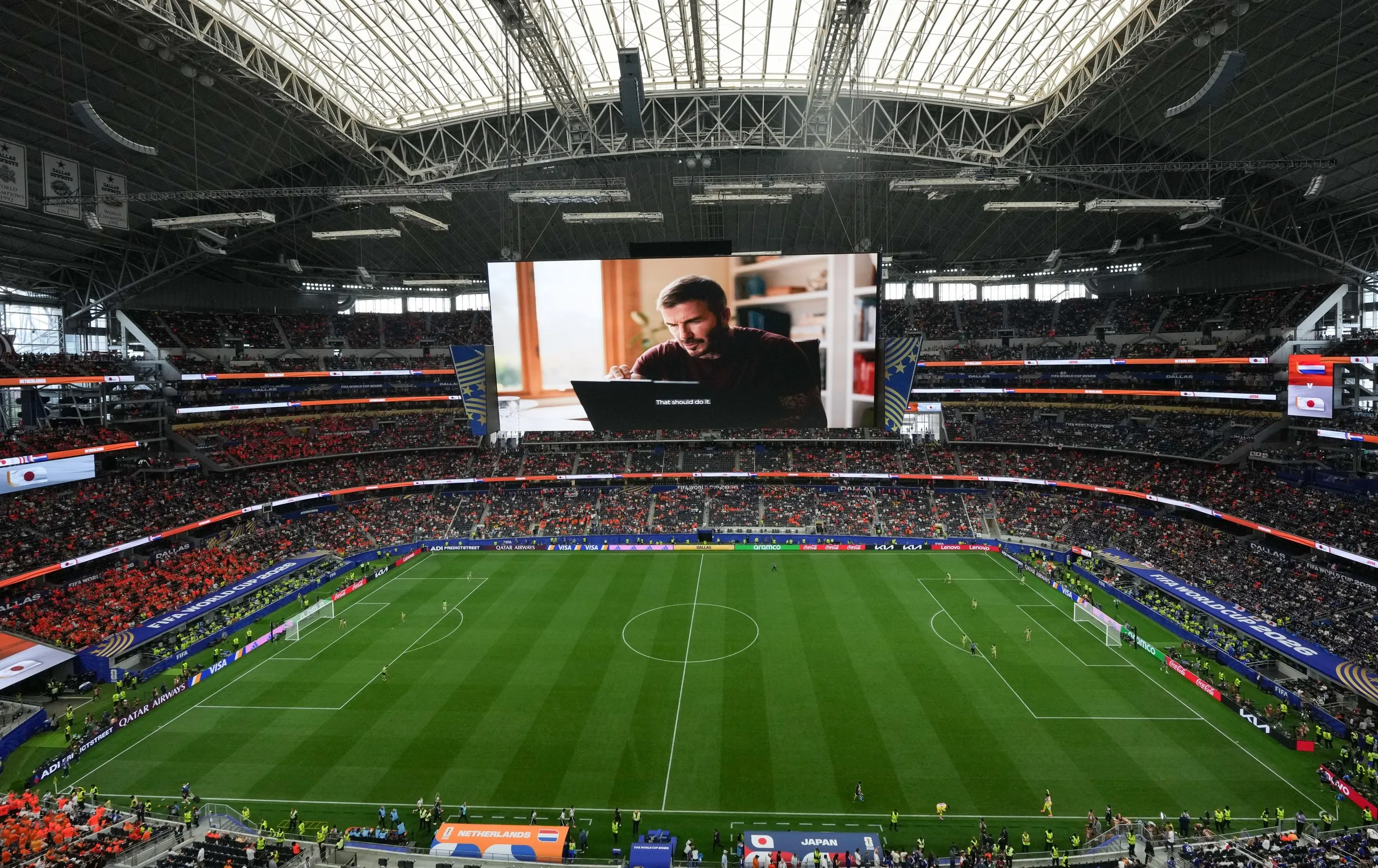 David Beckham in an advert on the big screen during half-time at the Netherlands v Japan game.