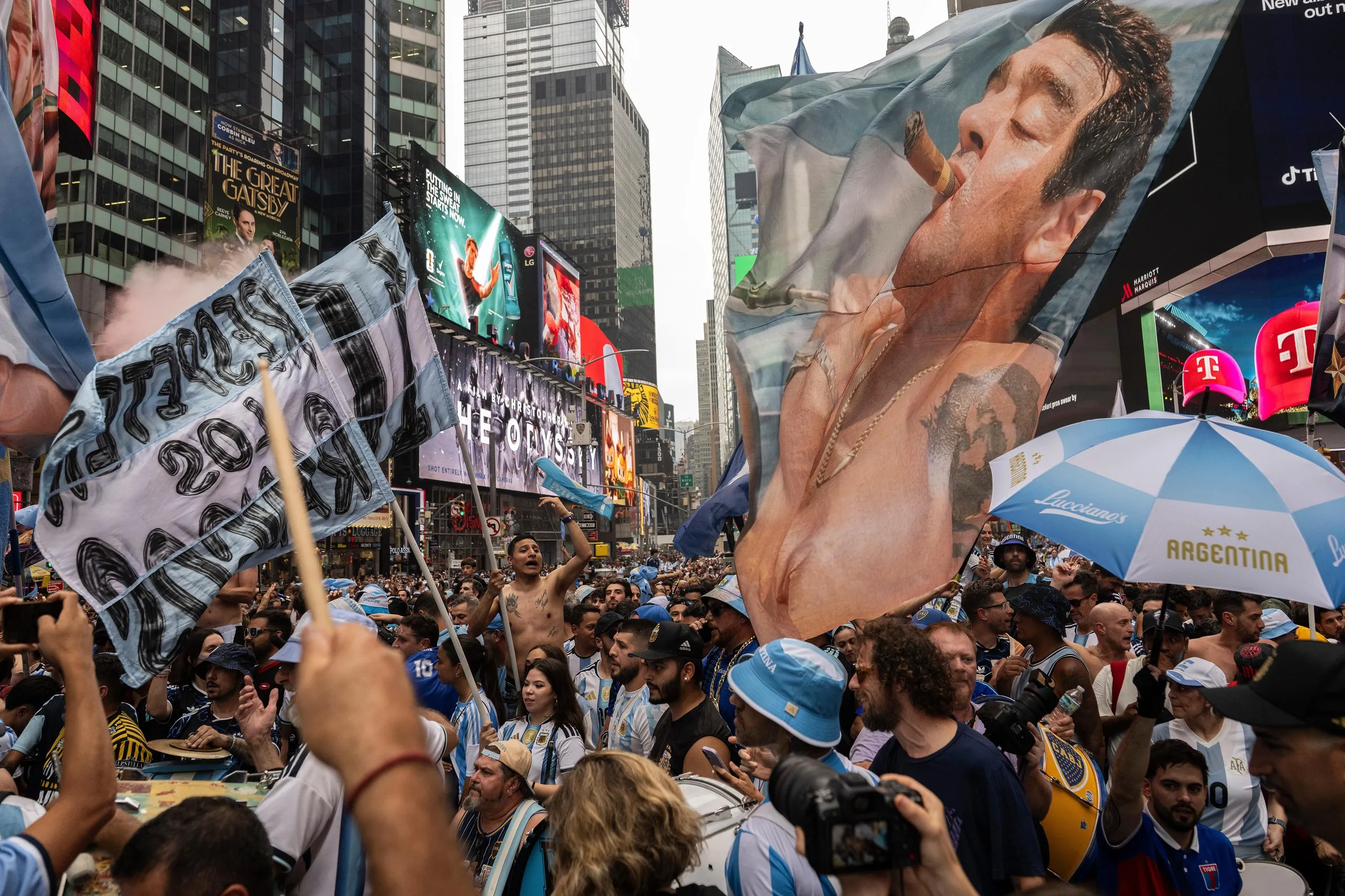Argentina fans gather in Times Square before the World Cup final.